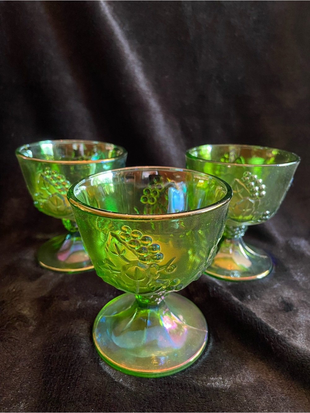Indiana Harvest Carnival Glass Sherbet Set of 3 Iridescent Green